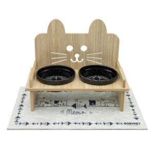 Ahşaplı Kulaklı Seramik Kedi Mama Ve Su Kabı (Paspas Hediyeli)