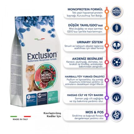 Exclusion Monoprotein Ton Balıklı Düşük Tahıllı Kısırlaştırılmış Kedi Maması 12 Kg