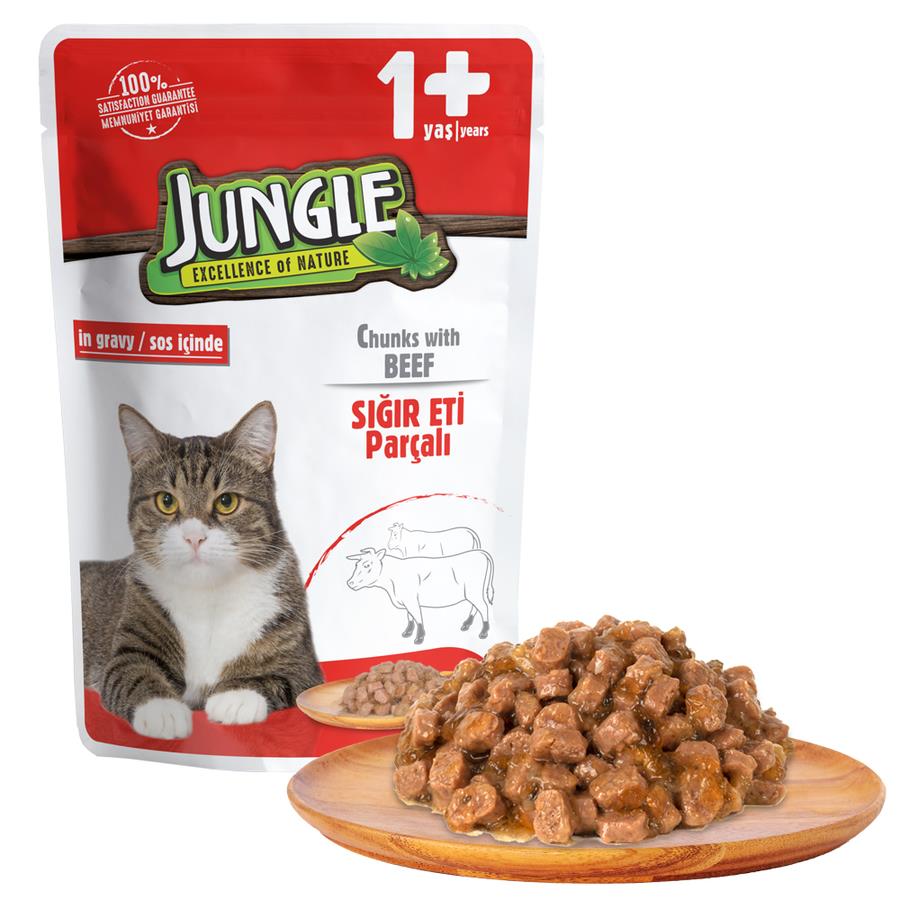 Jungle Pouch Dana Eti Parçalı Soslu Yetişkin Kedi Konservesi 100 gr Jungle Pouch Dana Eti Parçalı Soslu Yetişkin Kedi Konservesi 100 gr