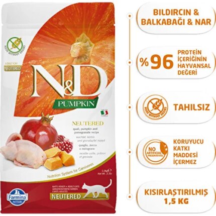 Nd Tahılsız Bıldırcın Etli Balkabaklı  Kısırlaştırılmış Kedi Maması 1