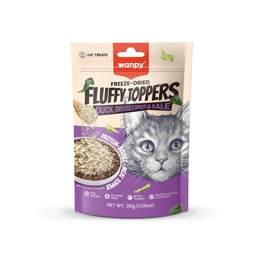 Wanpy Fluffy Topper Dondurularak Kurutulmuş Ördek Brüksel ve Kara Lahanalı Kedi Ödül Maması 30gr Wanpy Fluffy Topper Dondurularak Kurutulmuş Ördek Brüksel ve Kara Lahanalı Kedi Ödül Maması 30gr